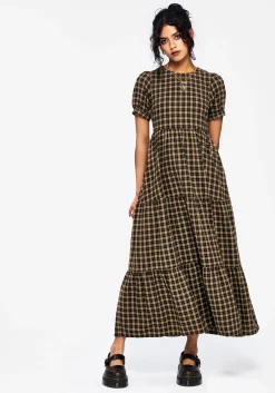 Terra Cotton Check Smock Midaxi Dress - Brown