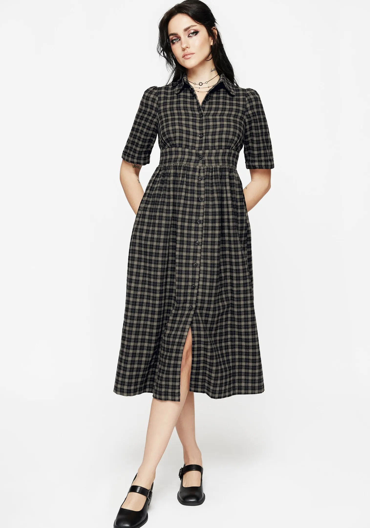 Terra Midi Smock Shirt Dress - Olive