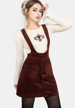 Terracotta Check Cord Mini Pinafore Skirt