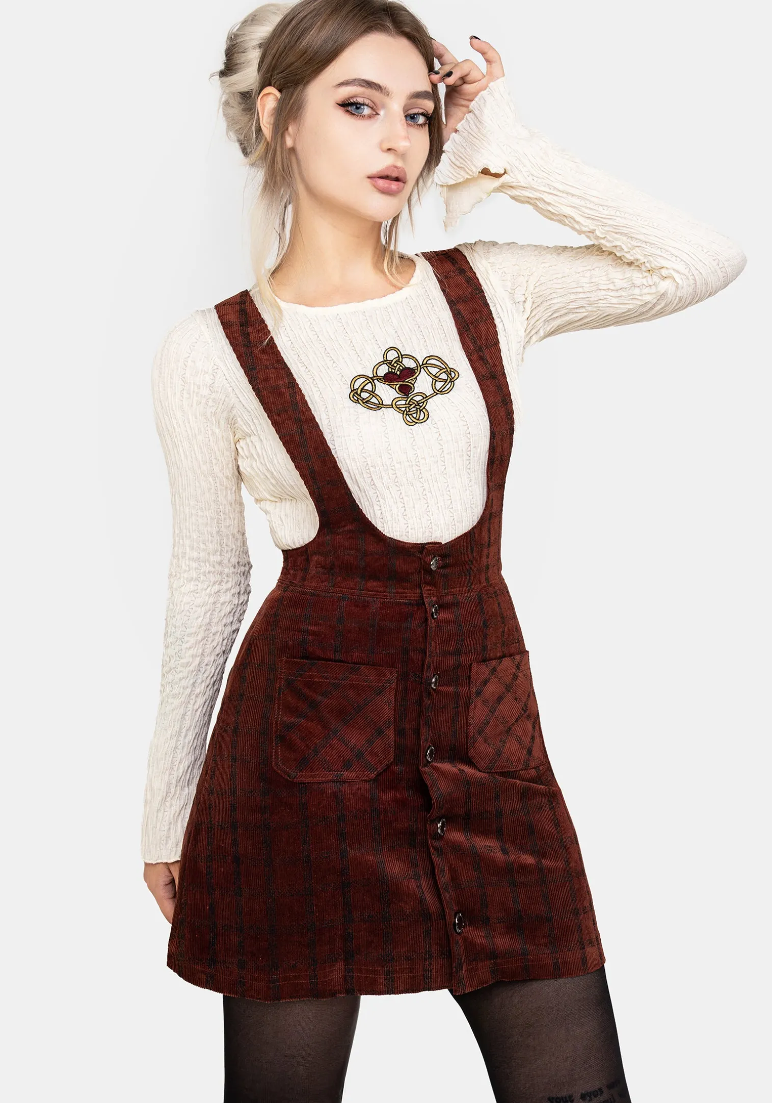 Terracotta Check Cord Mini Pinafore Skirt