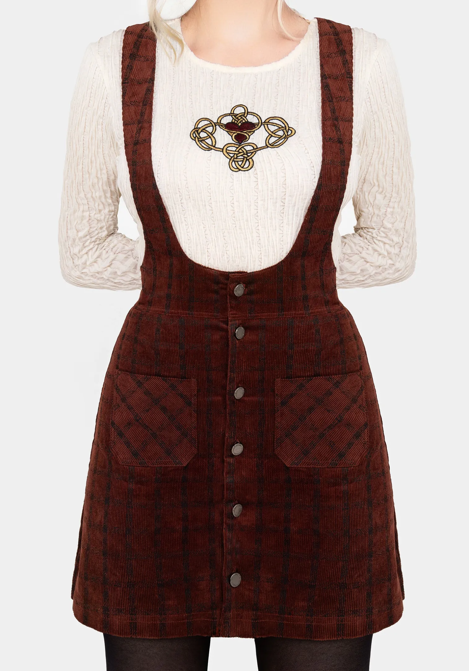 Terracotta Check Cord Mini Pinafore Skirt