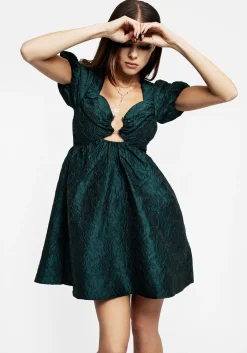 Tiffany Jacquard Puff Sleeve Mini Dress - Green