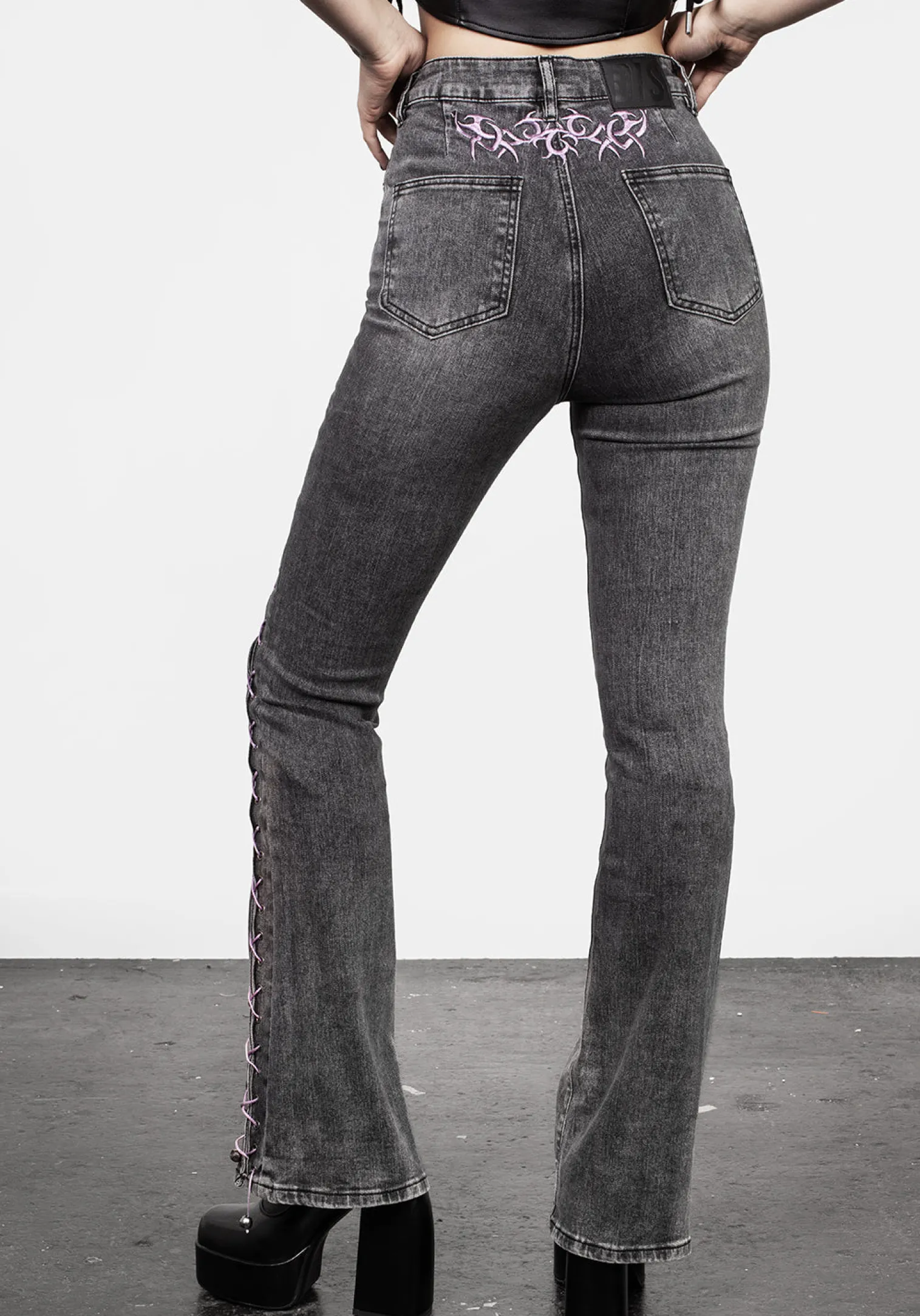Tramp Washed Lace up Flared Jeans