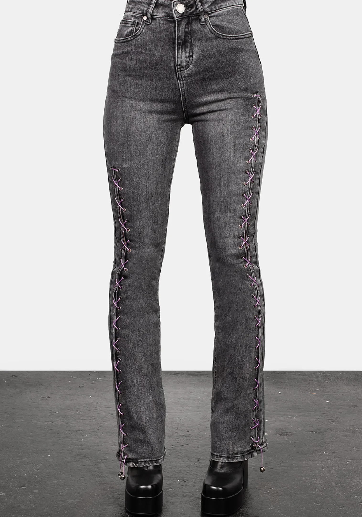 Tramp Washed Lace up Flared Jeans