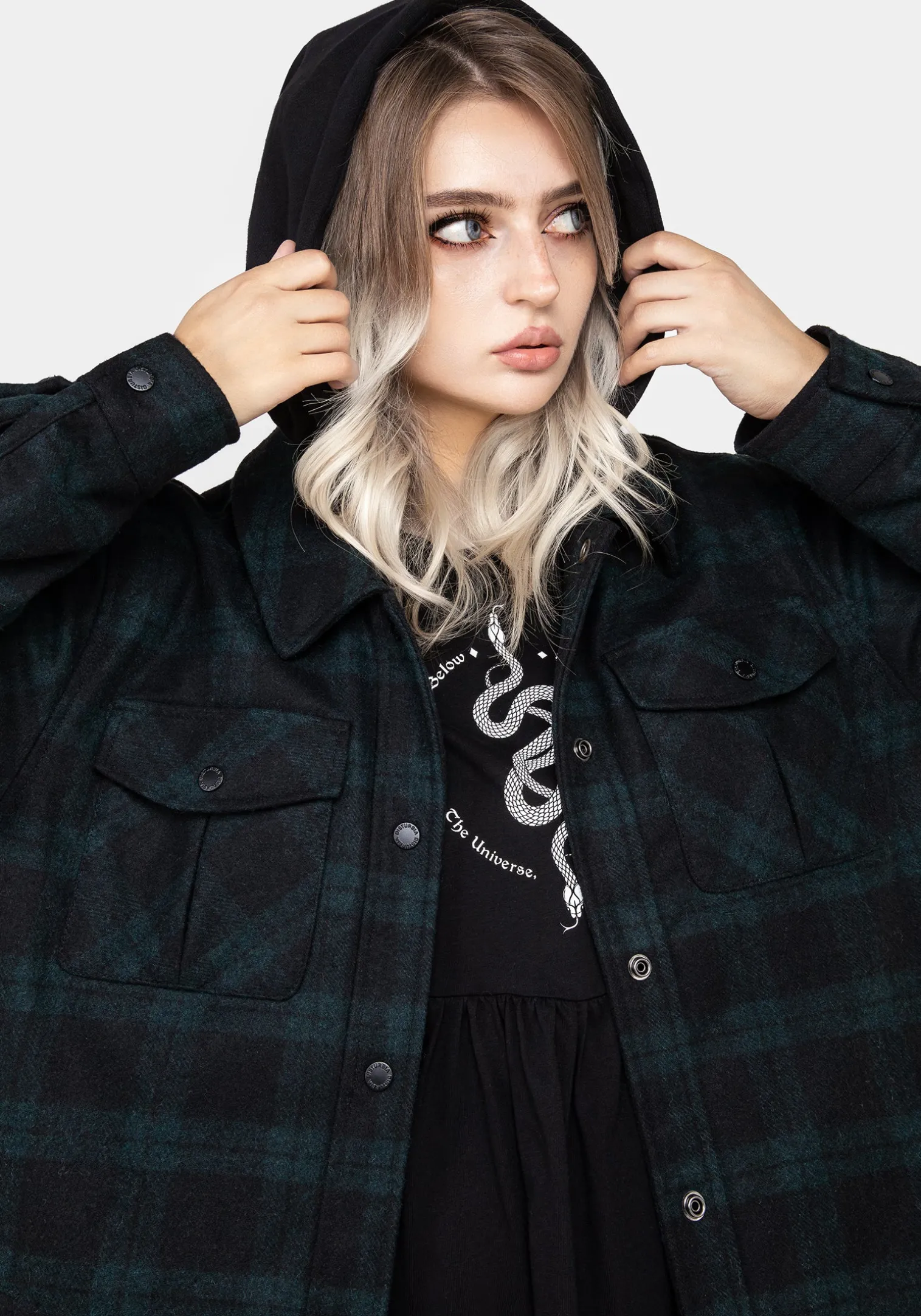 Trellis Hooded Pocket Wool Blend Check Shacket