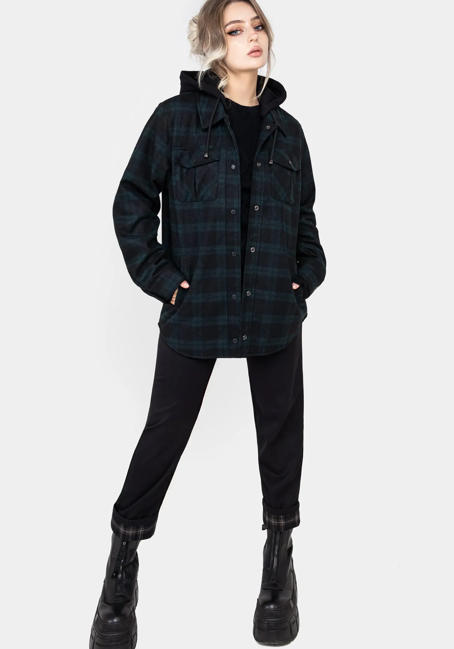 Trellis Hooded Pocket Wool Blend Check Shacket