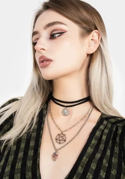 Triune 3 Layered Necklace Pentagram and Crystal