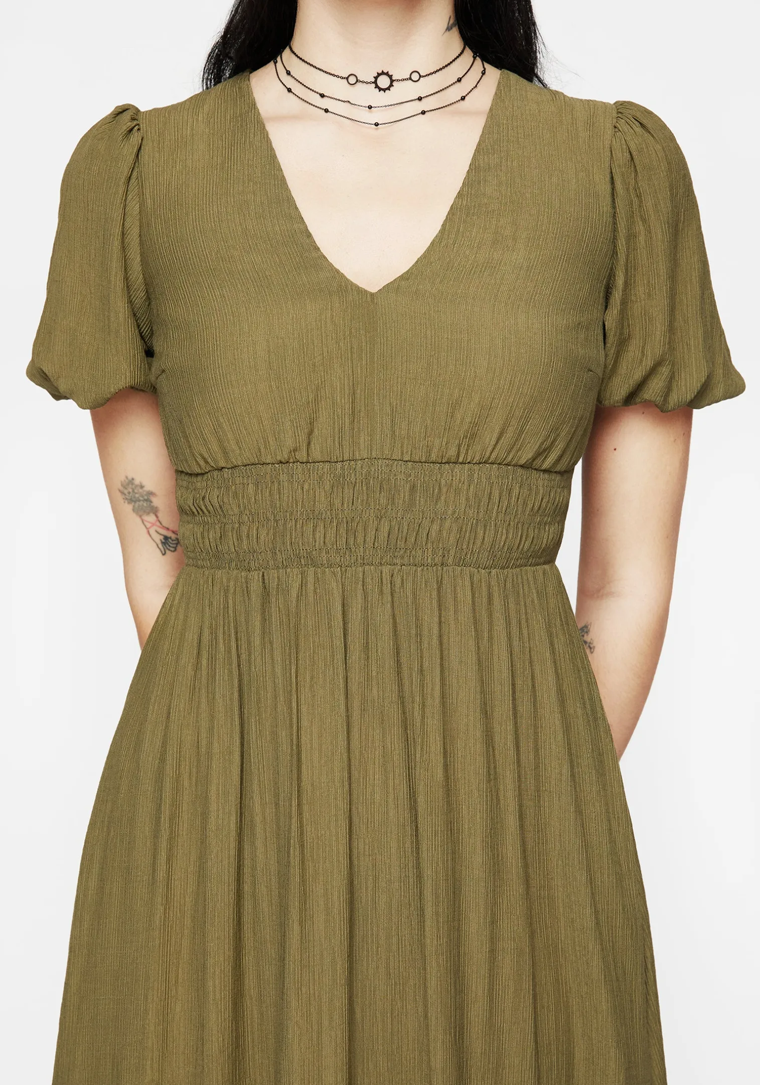 Tryphena Shirred V Neck Midaxi Dress