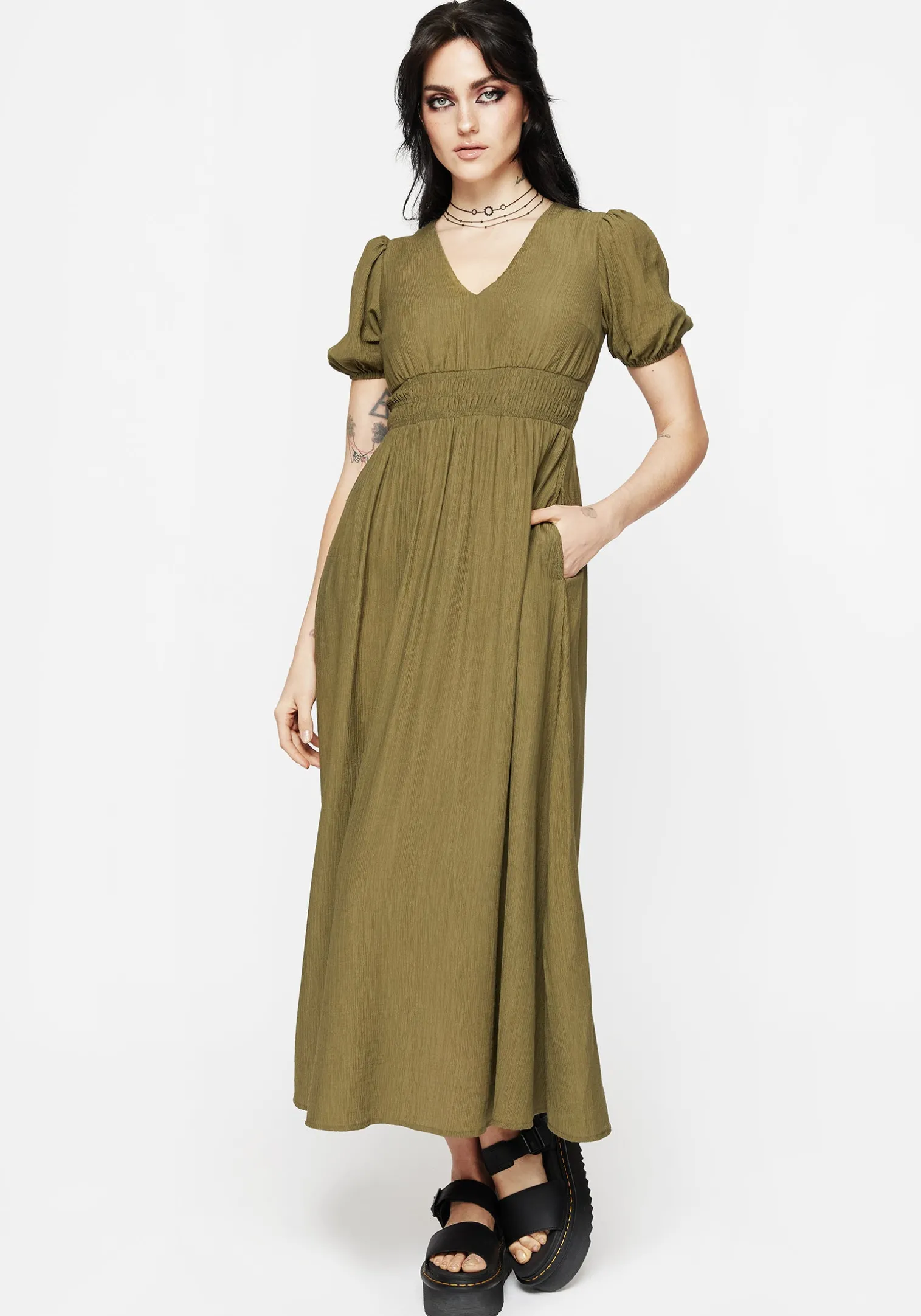 Tryphena Shirred V Neck Midaxi Dress
