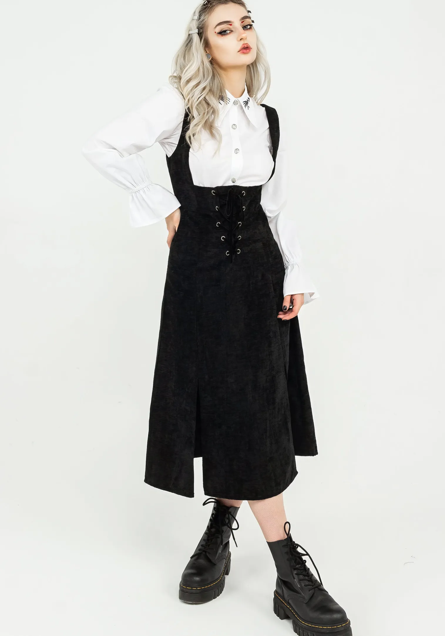 Valar Lace Up Midi Pinafore Dress