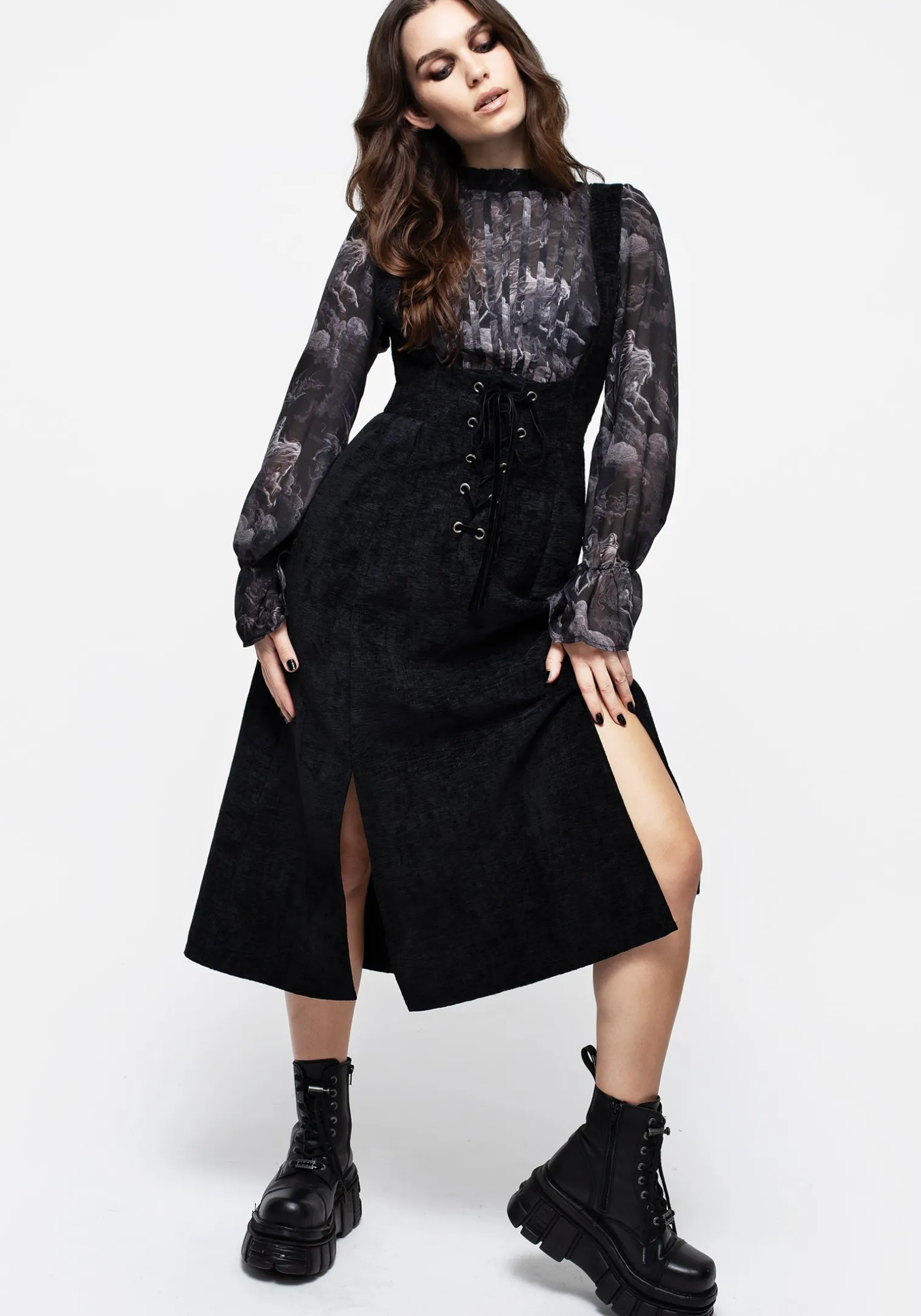 Valar Lace Up Midi Pinafore Dress