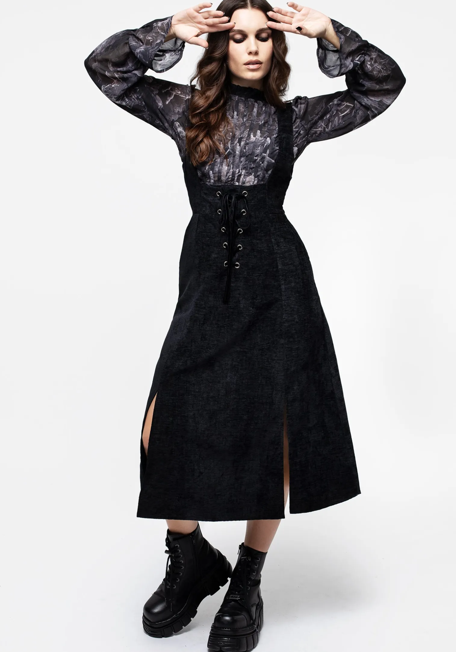 Valar Lace Up Midi Pinafore Dress