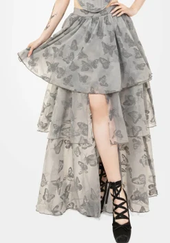 Vanessa Butterfly Print Organza Front Split Tiered Maxi Skirt