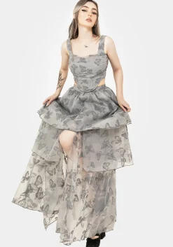 Vanessa Butterfly Print Organza Front Split Tiered Maxi Skirt