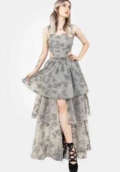 Vanessa Butterfly Print Organza Front Split Tiered Maxi Skirt