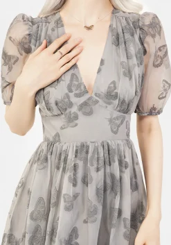 Vanessa Butterfly Print Organza Puff Sleeve Midaxi Dress