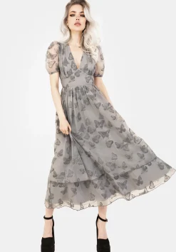Vanessa Butterfly Print Organza Puff Sleeve Midaxi Dress