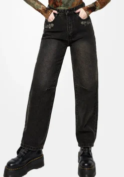 Veltha Floral Embroidered Denim Barrel Leg Jeans