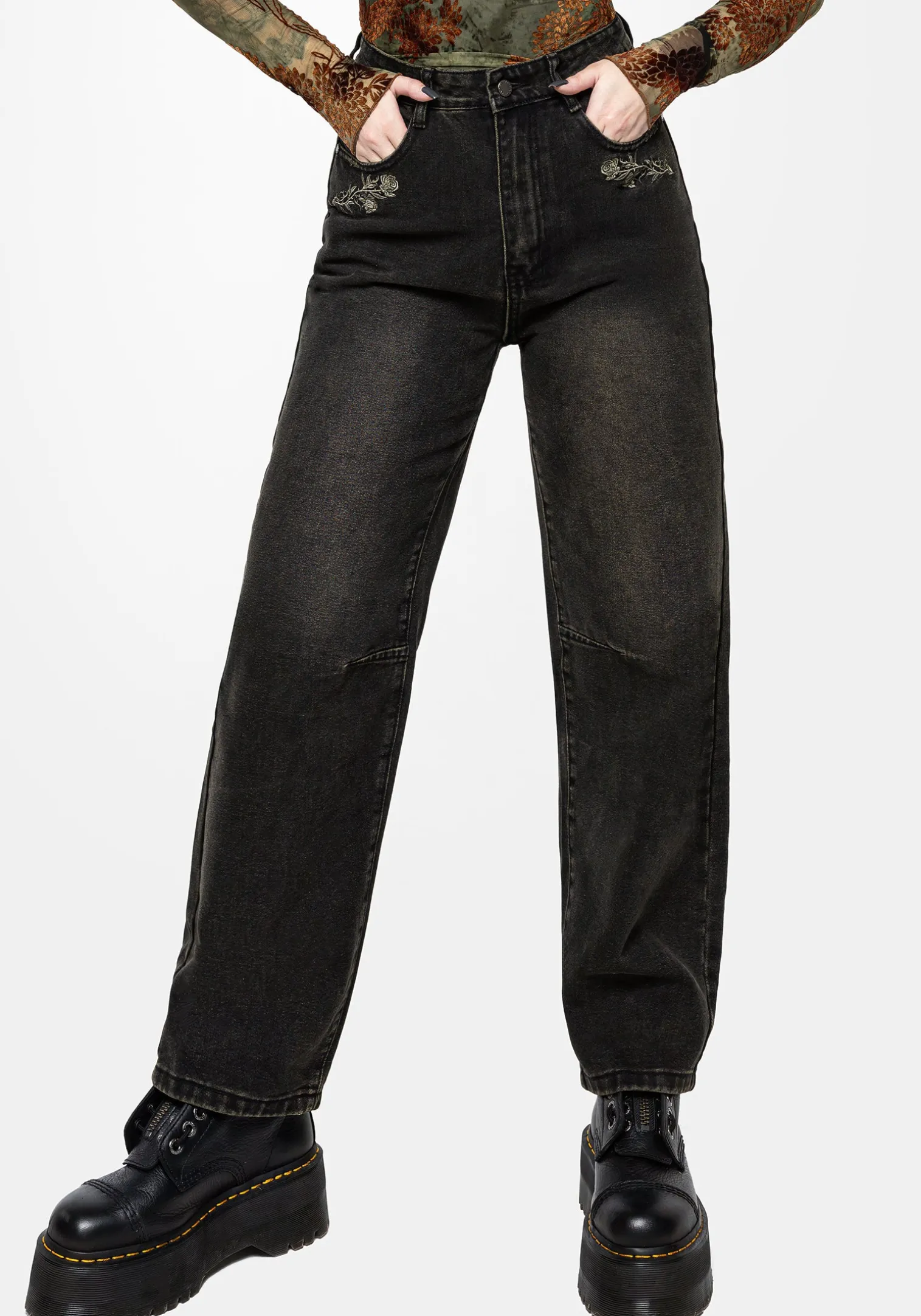 Veltha Floral Embroidered Denim Barrel Leg Jeans