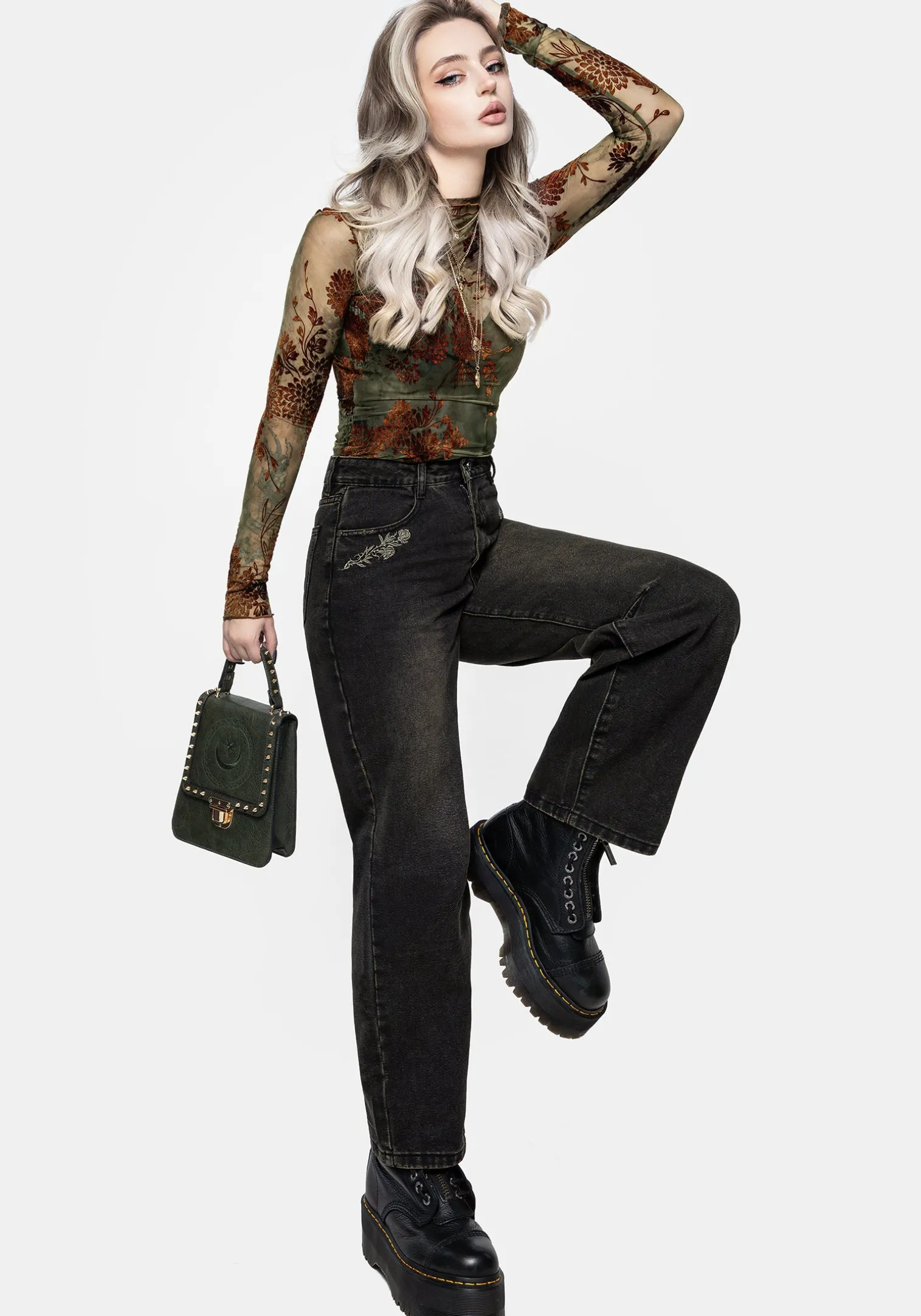 Veltha Floral Embroidered Denim Barrel Leg Jeans