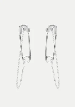 Vicious Silver Plated Safety Pin Stud Earrings With Chain
