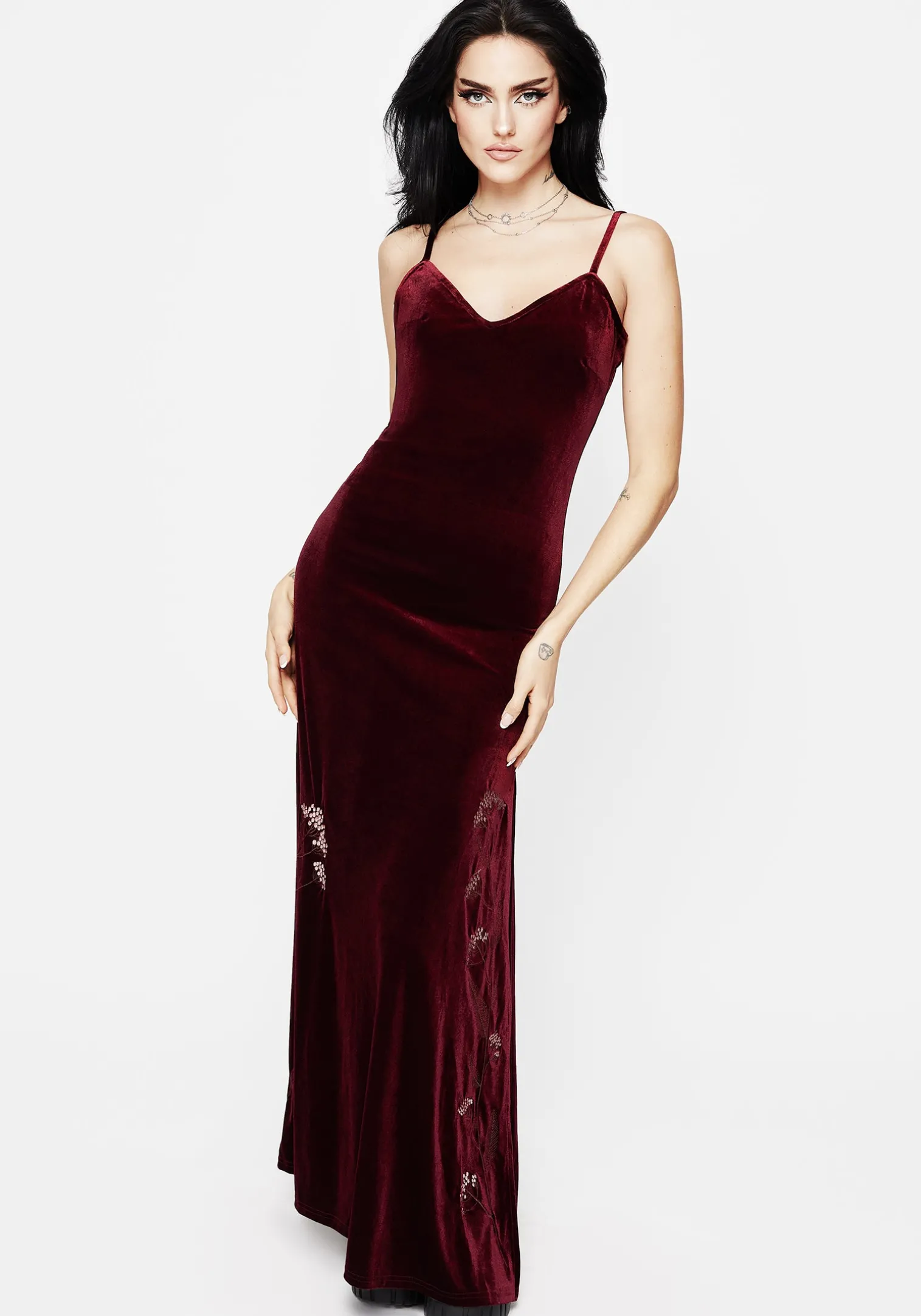 Virosa Floral Embroidered Velour Gown