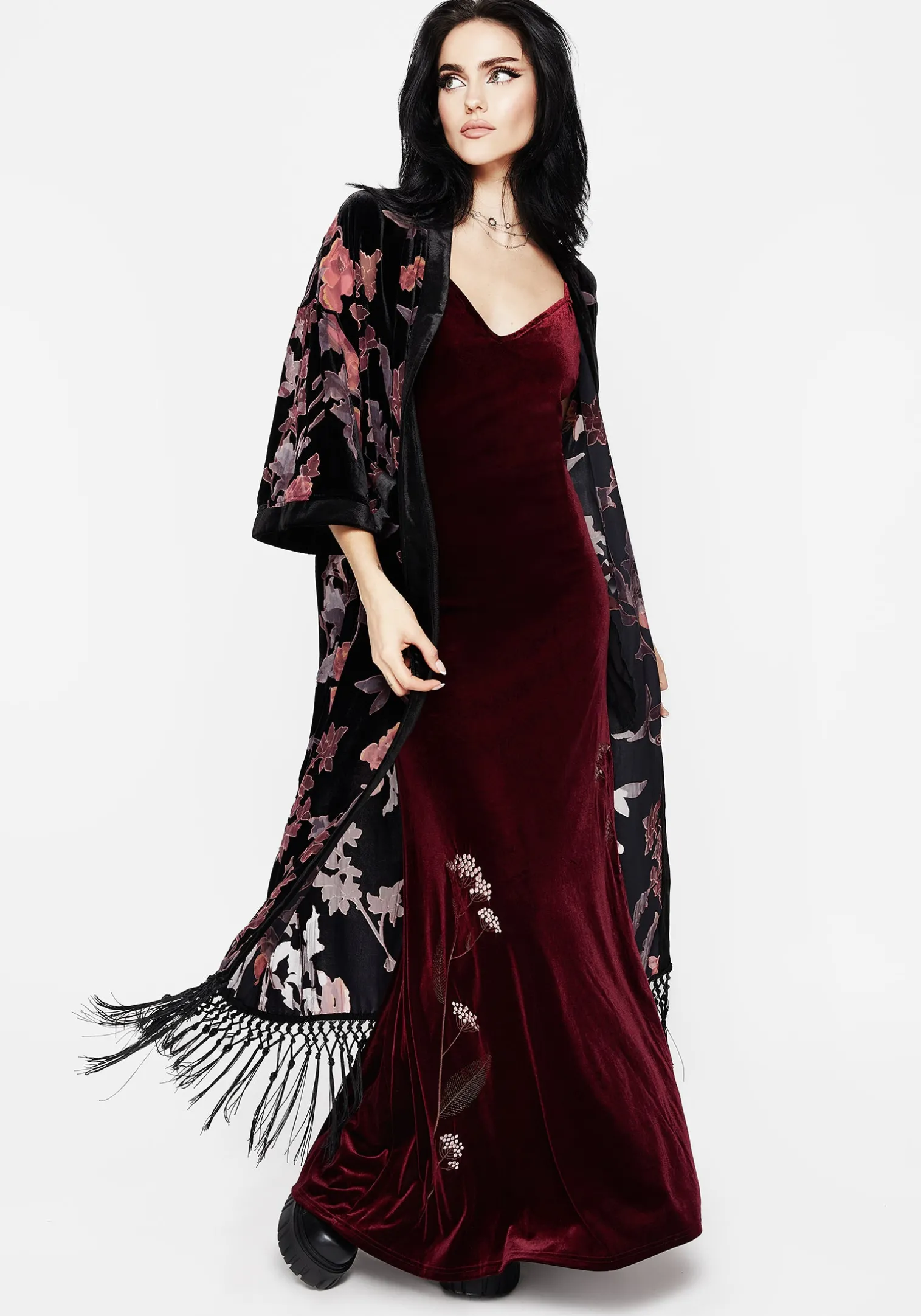 Virosa Floral Embroidered Velour Gown