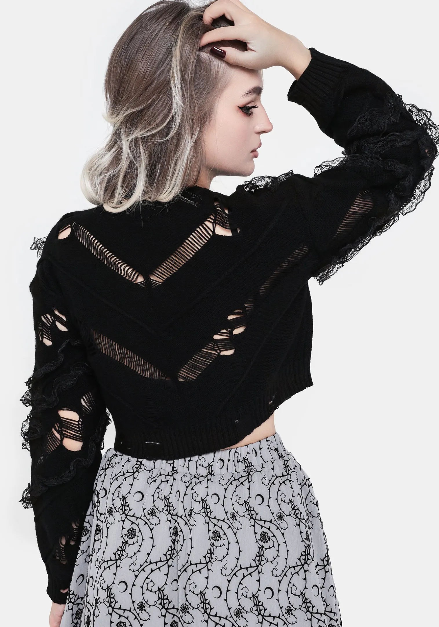 Volla Lace Ruffle Distressed Knit Crop Sweater