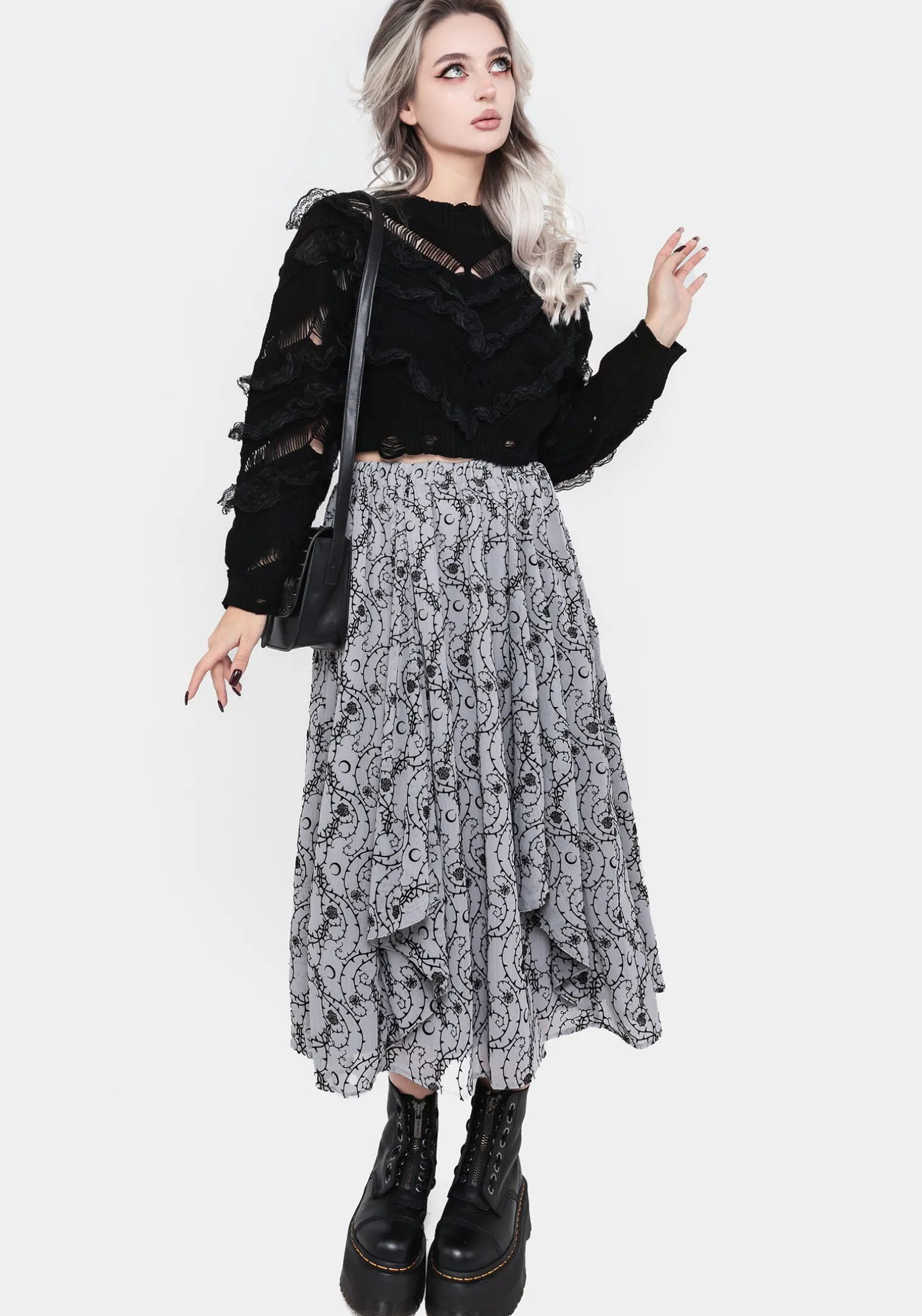 Volla Lace Ruffle Distressed Knit Crop Sweater