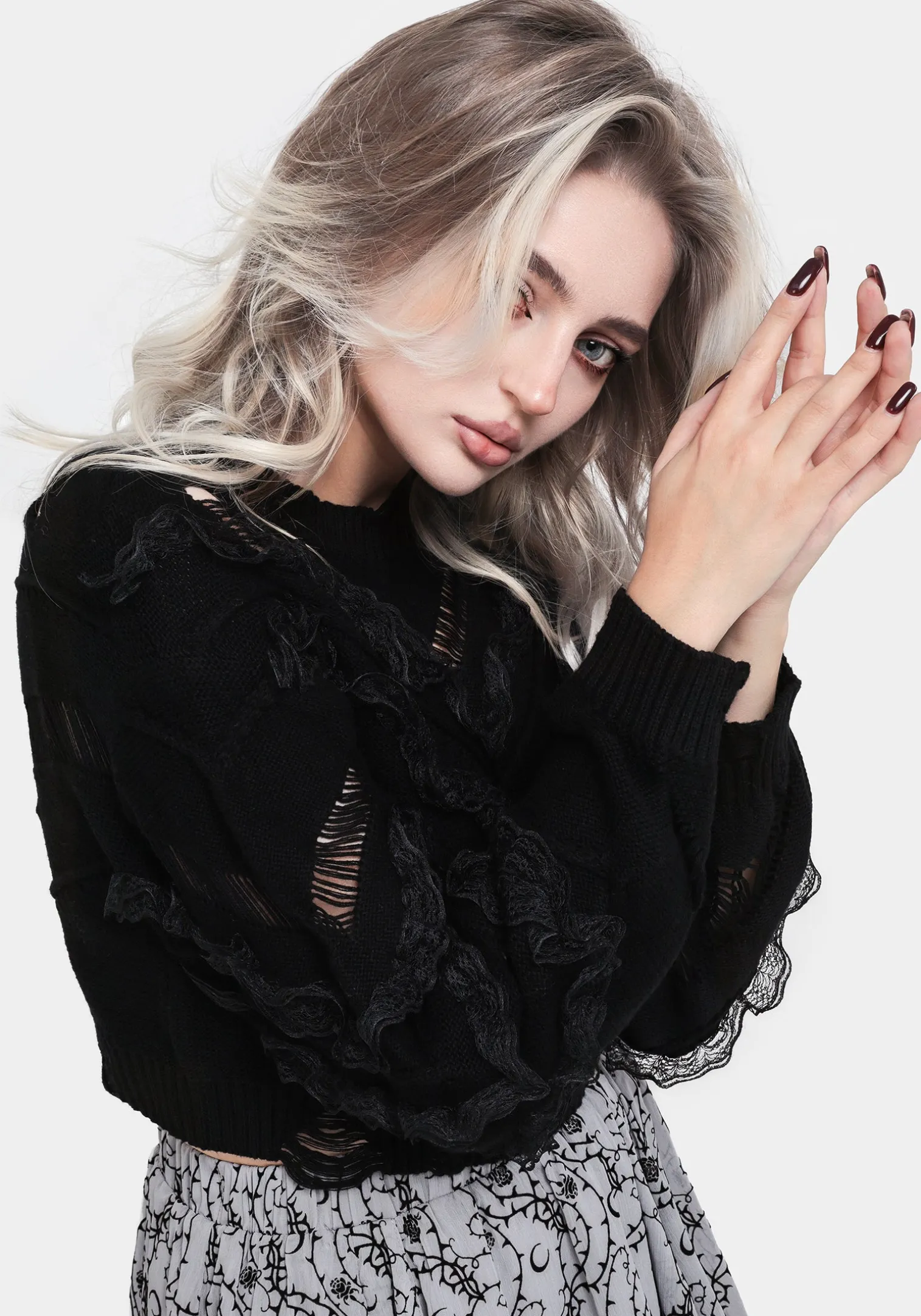 Volla Lace Ruffle Distressed Knit Crop Sweater