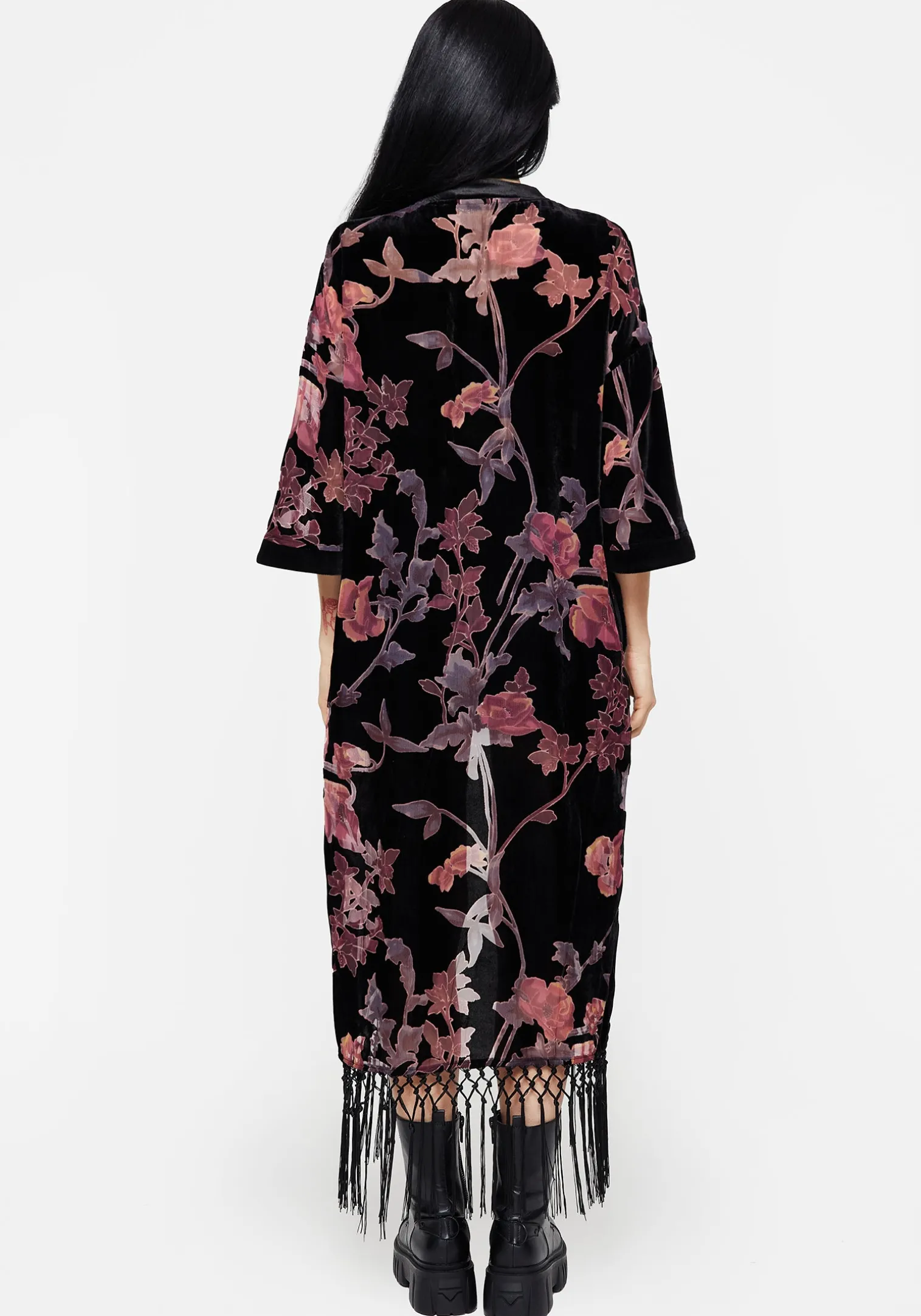 Waterlily Burnout Fringe Trim Longline Kimono