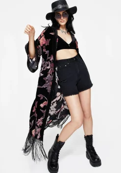 Waterlily Burnout Fringe Trim Longline Kimono