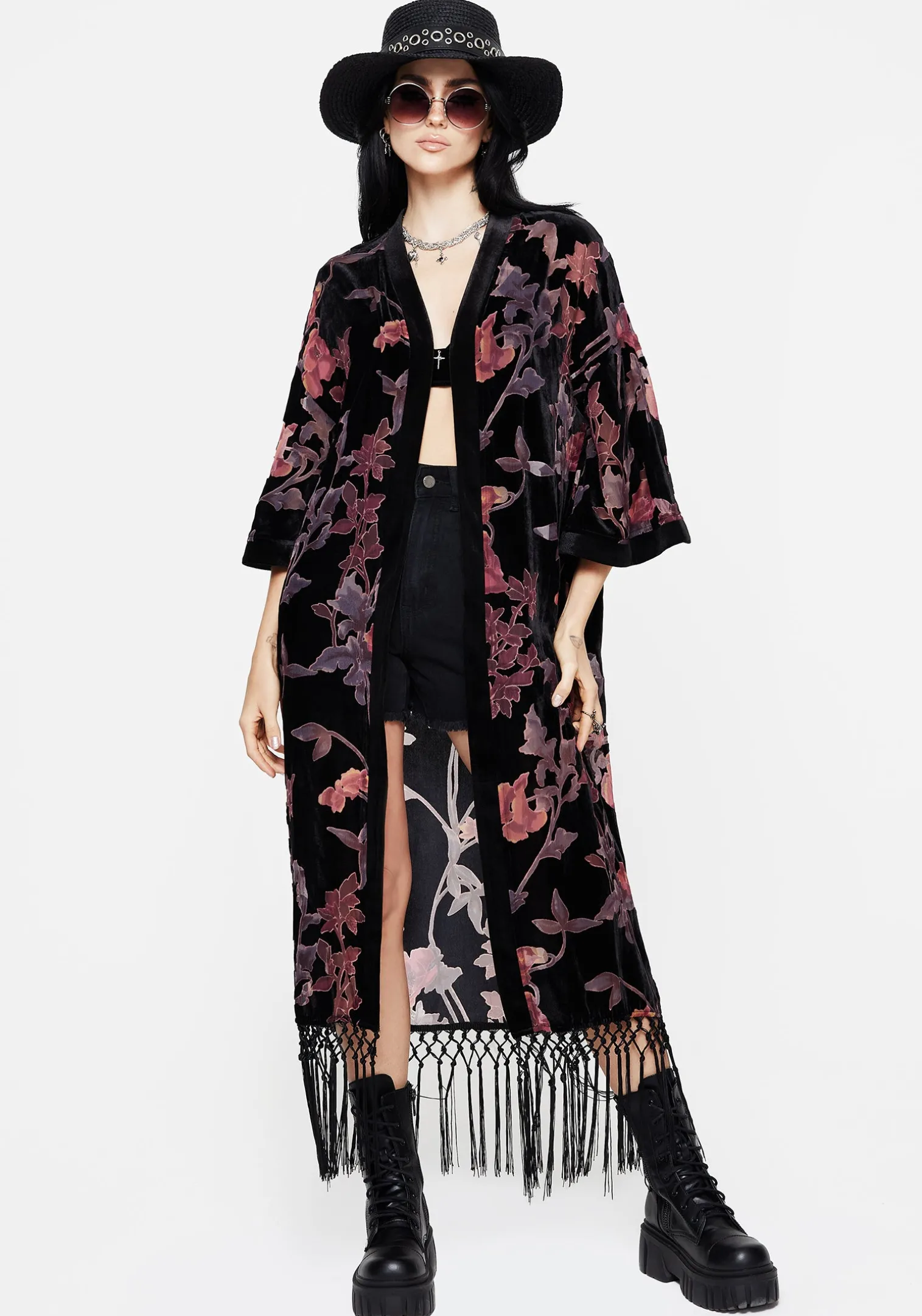Waterlily Burnout Fringe Trim Longline Kimono