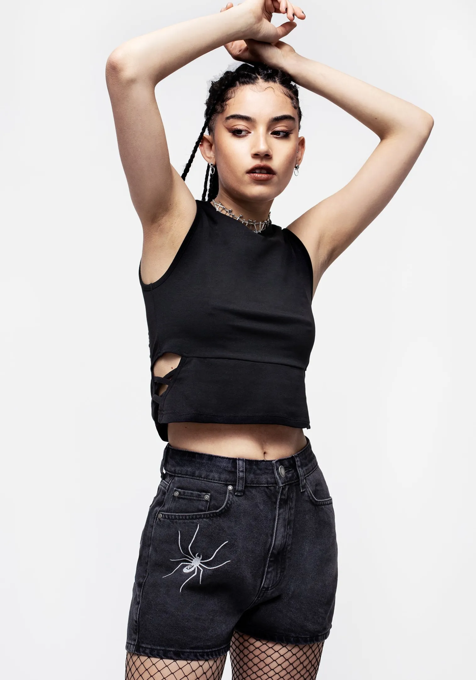 Widow Embroidered Denim Mom Short