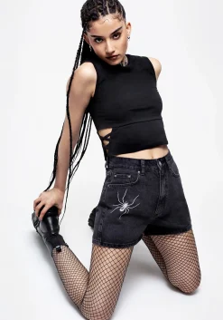 Widow Embroidered Denim Mom Short