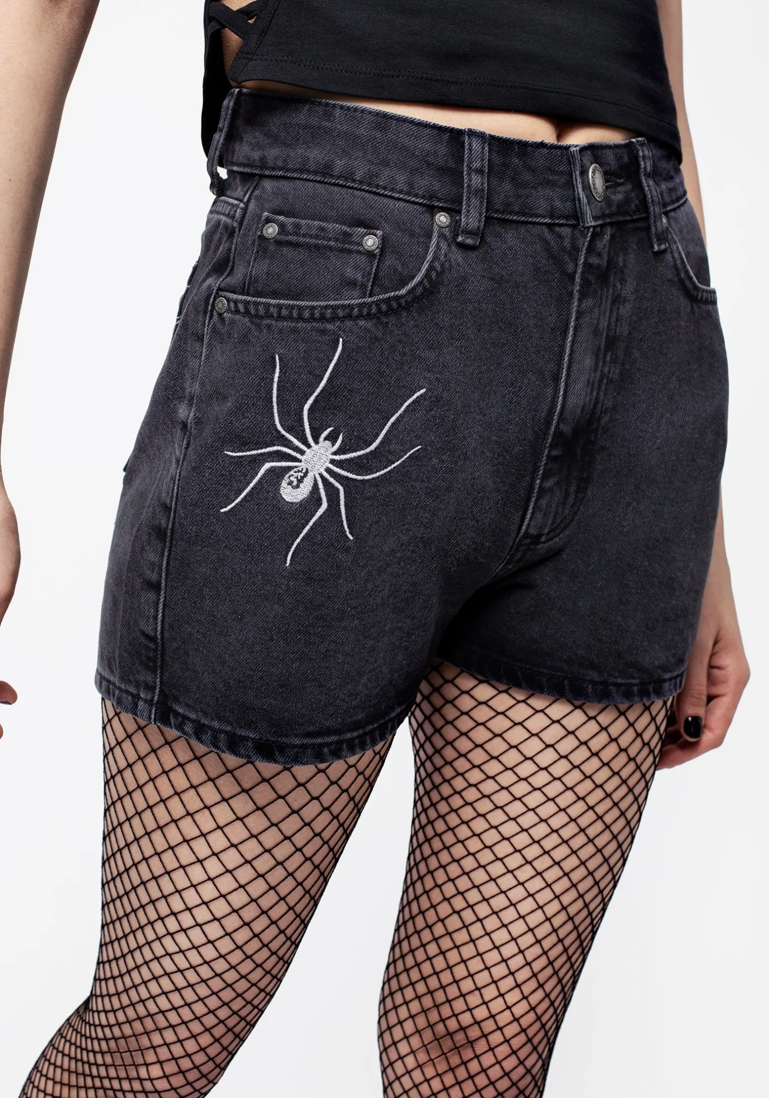 Widow Embroidered Denim Mom Short