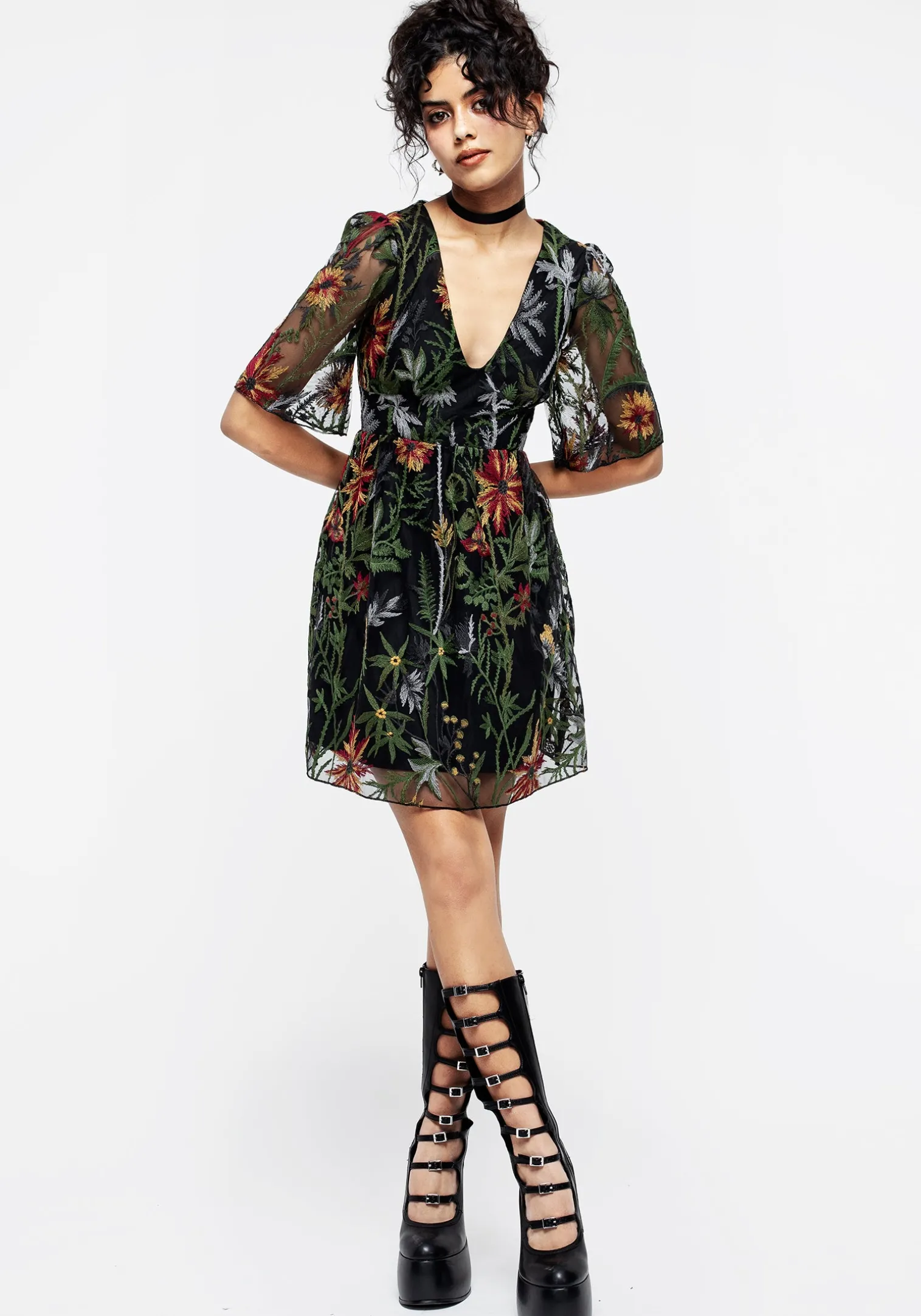 Wildflower Embroidered Mesh Mini Dress