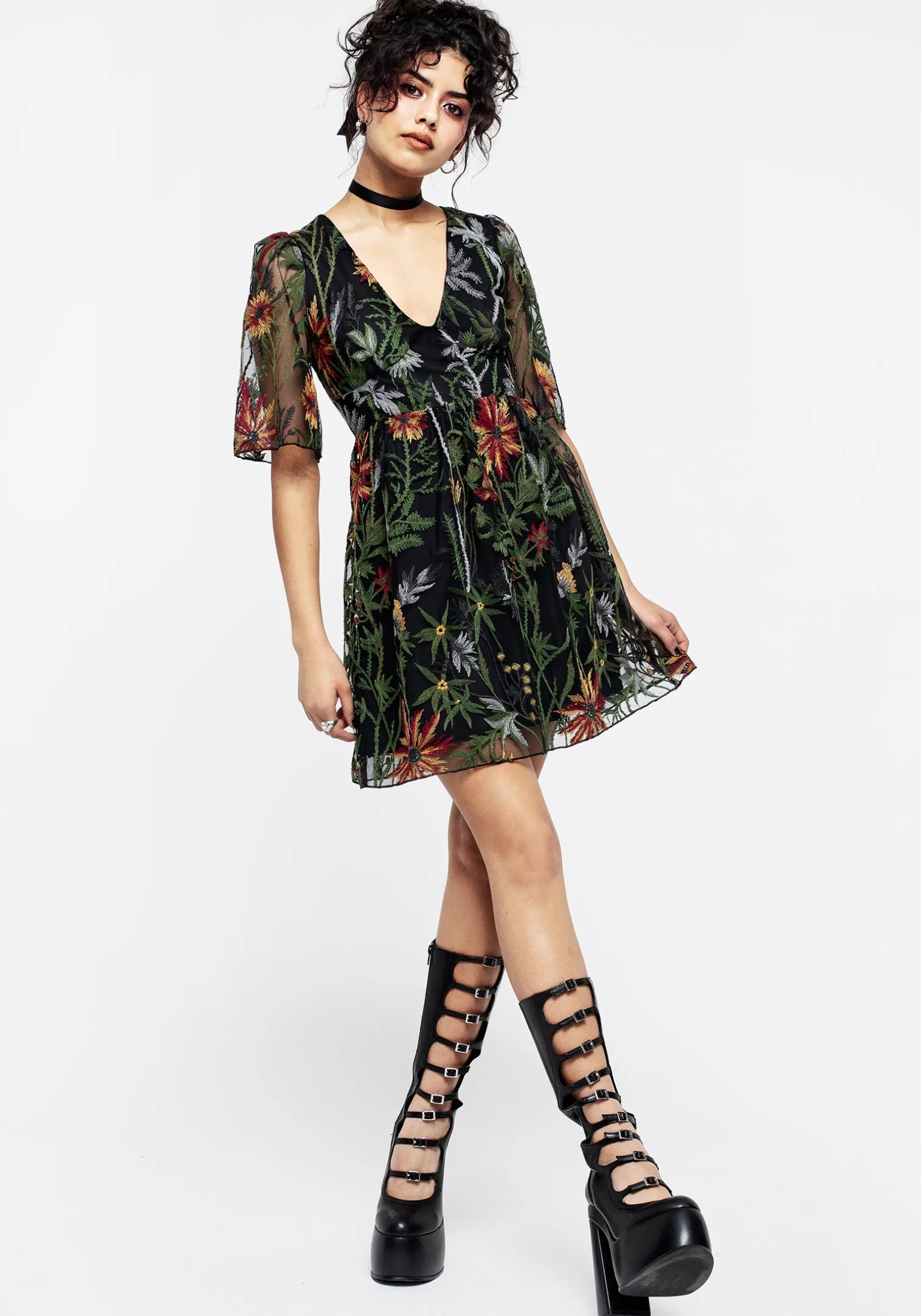 Wildflower Embroidered Mesh Mini Dress
