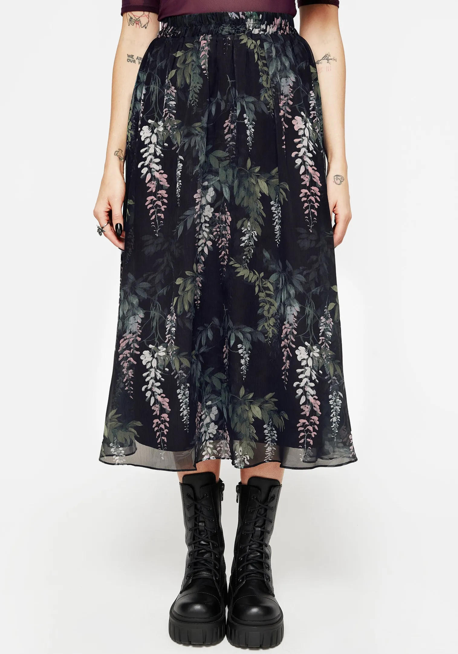 Wisteria Floral Print Chiffon Midi Skirt