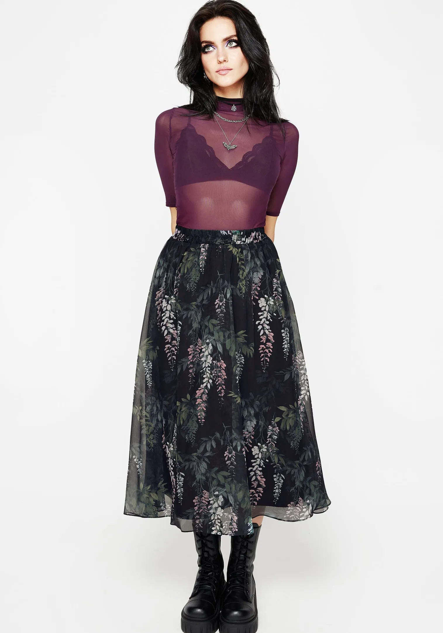 Wisteria Floral Print Chiffon Midi Skirt