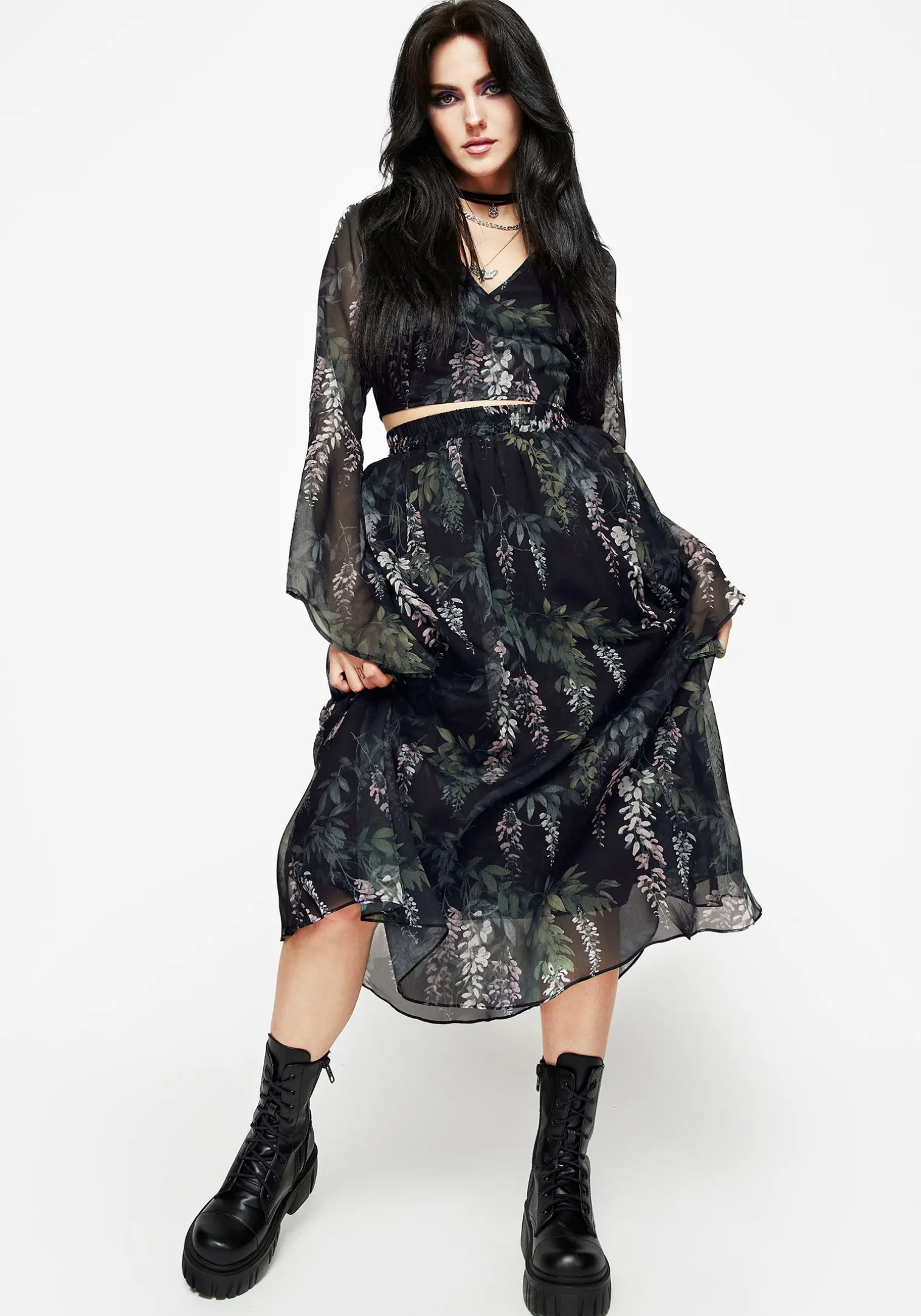 Wisteria Floral Print Chiffon Midi Skirt