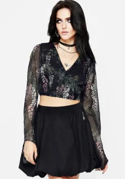 Wisteria Floral Print Chiffon Bell Sleeve Wrap Tie Top