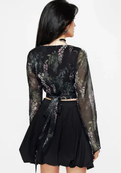 Wisteria Floral Print Chiffon Bell Sleeve Wrap Tie Top