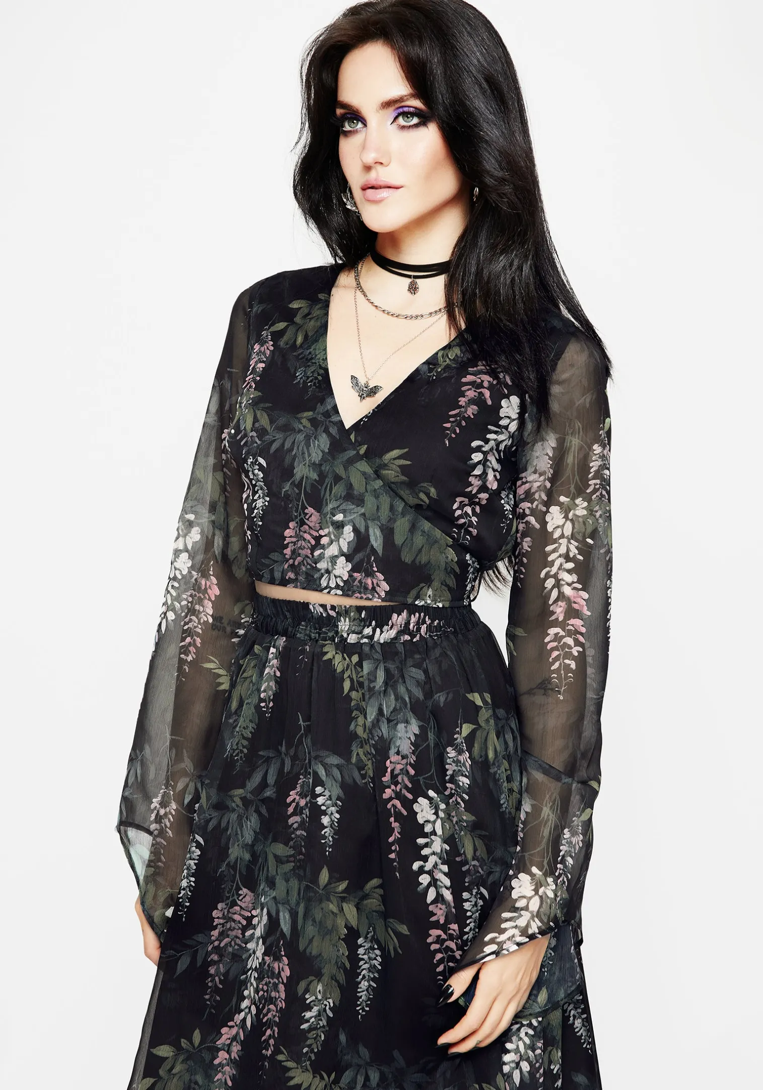 Wisteria Floral Print Chiffon Bell Sleeve Wrap Tie Top
