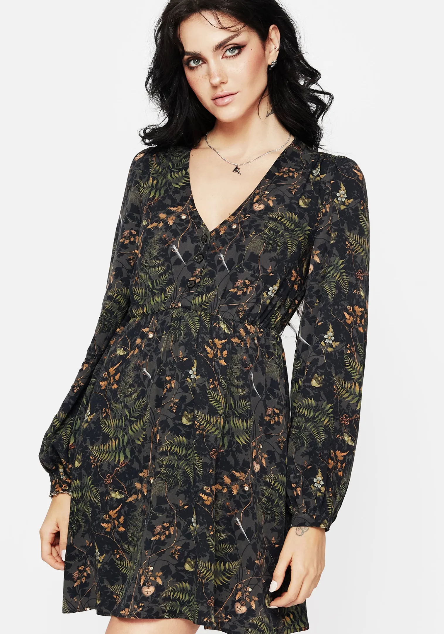 Wither Fern Print Balloon Sleeve Mini Dress