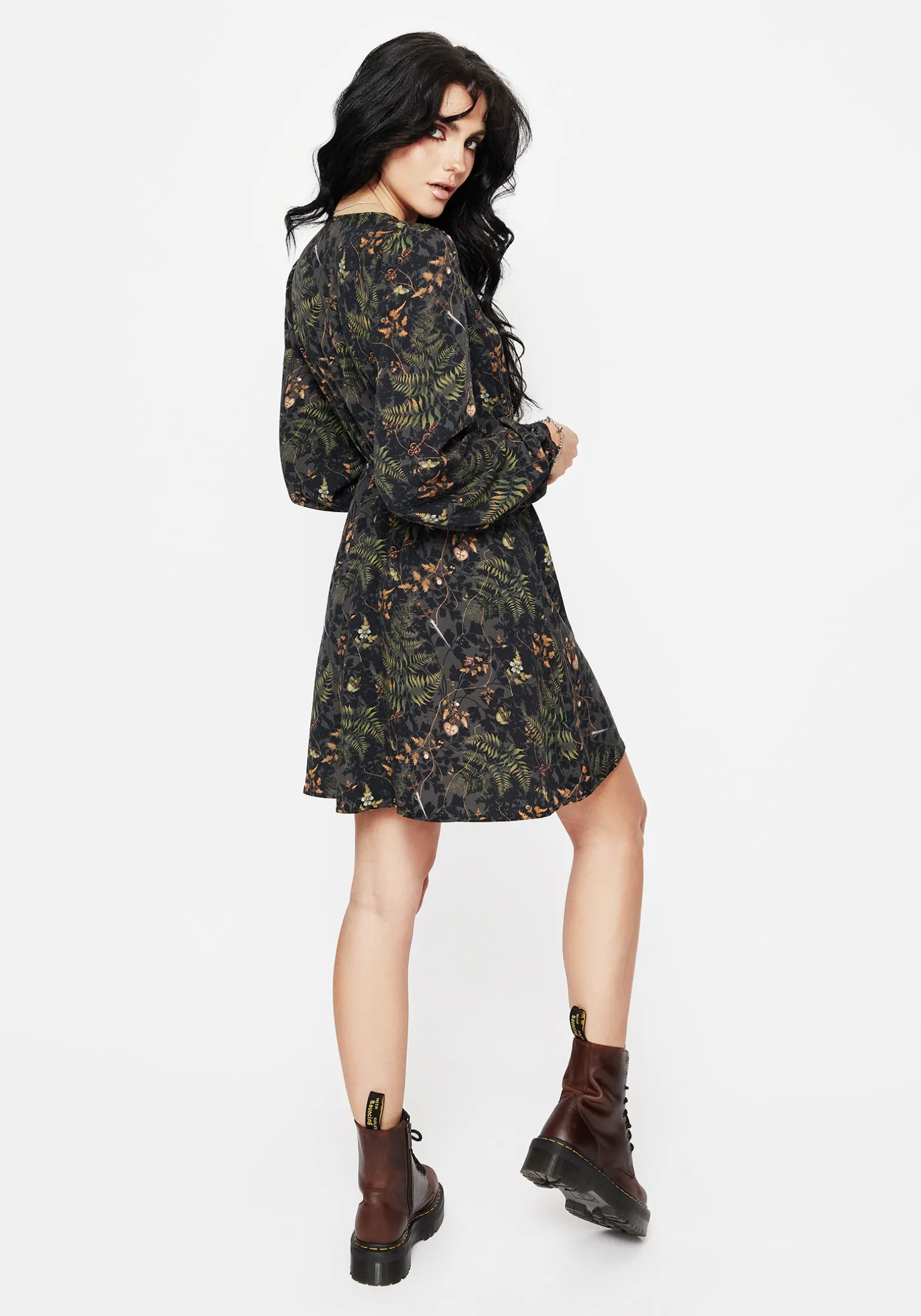 Wither Fern Print Balloon Sleeve Mini Dress
