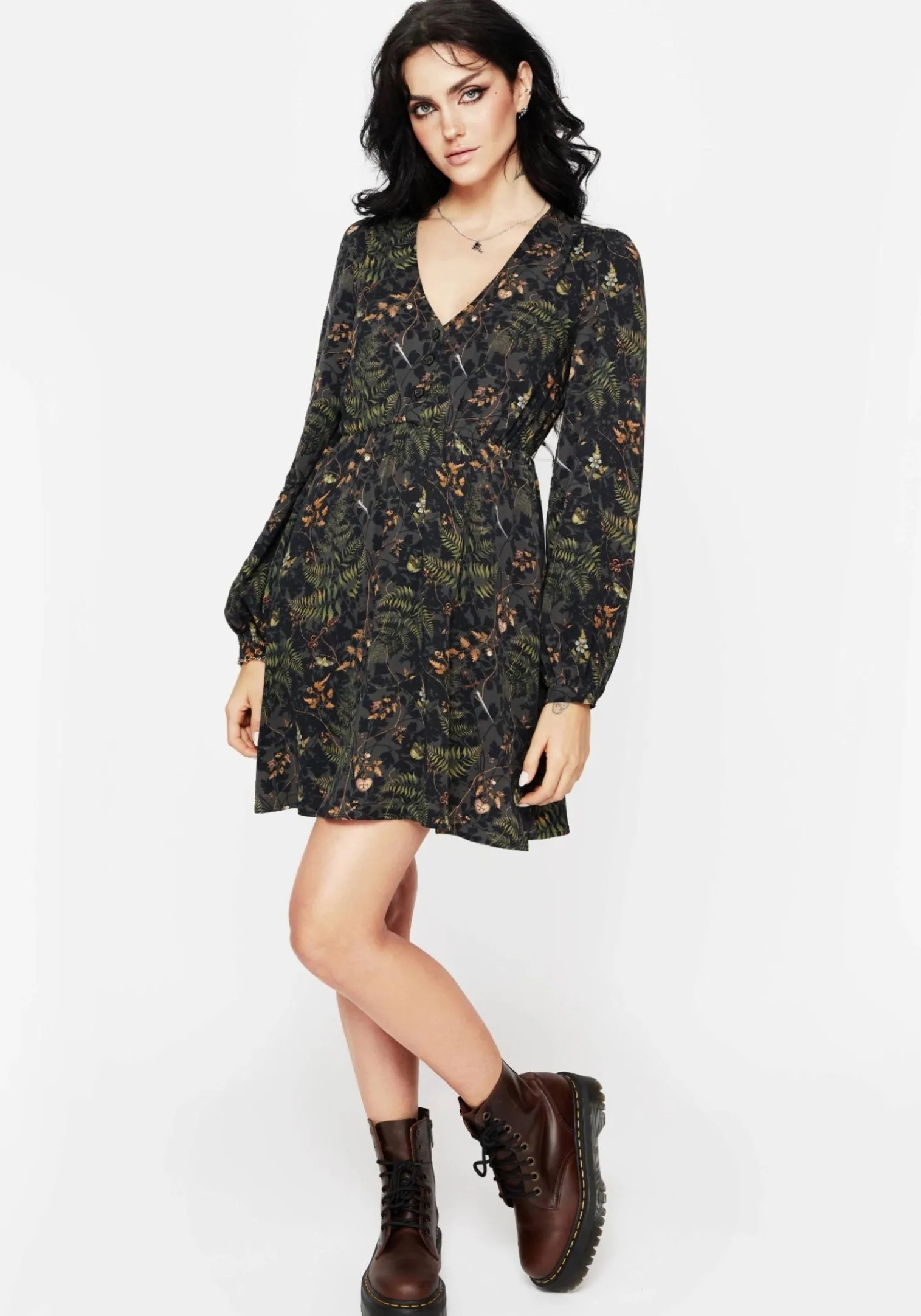 Wither Fern Print Balloon Sleeve Mini Dress