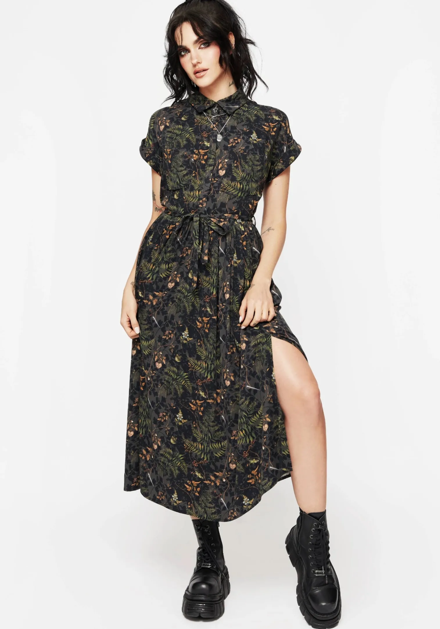 Wither Fern Print Midi Shirt Dress