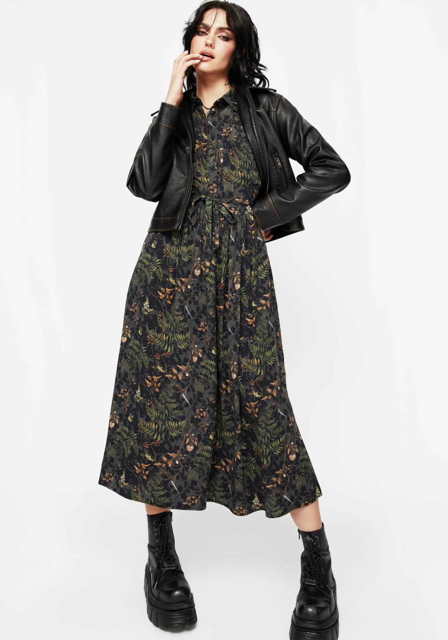 Wither Fern Print Midi Shirt Dress