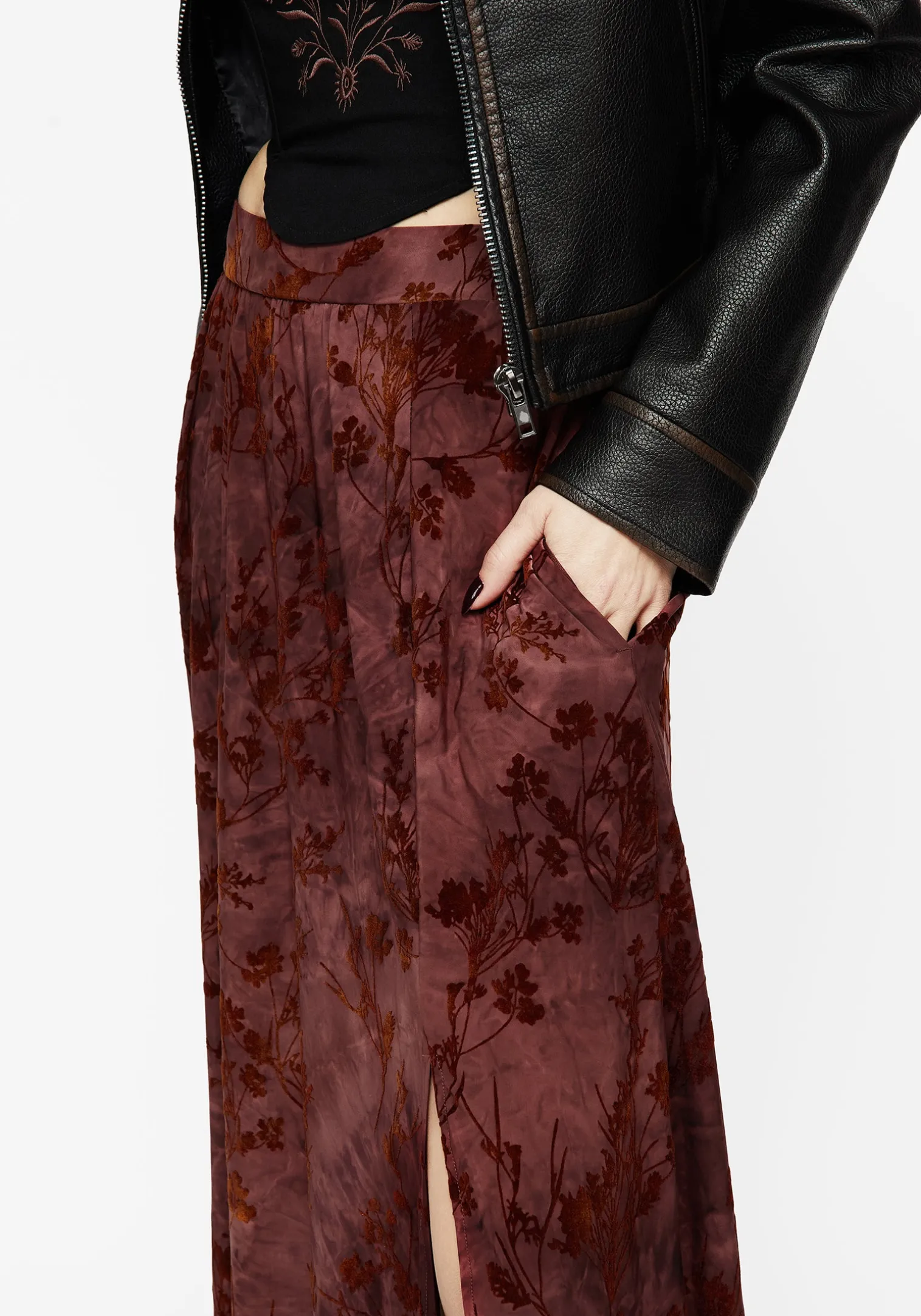 Wytchelm Floral Flocked Velour Midaxi Skirt - Red